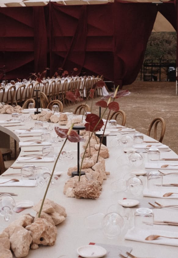 Modern Mediterranean — Sculptural Tablescape & Burgundy Draping