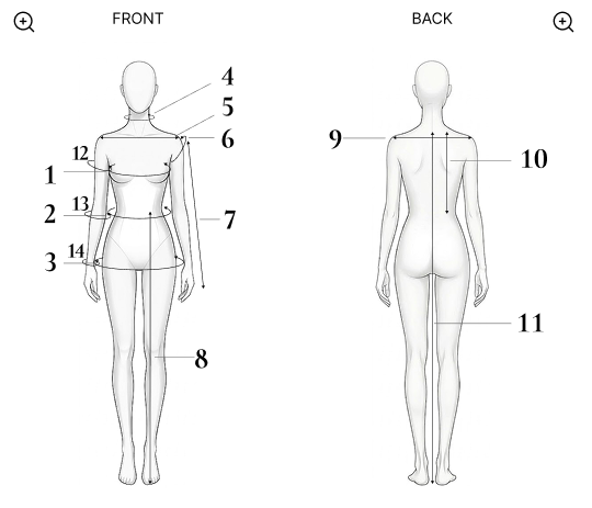 Front and back measurement diagram with 14 numbered points